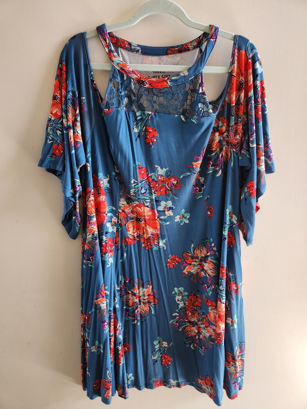 Torrid Cold Shoulder Fit & Flare Dress, Super Soft Floral Blue, Size 1 (14-16)